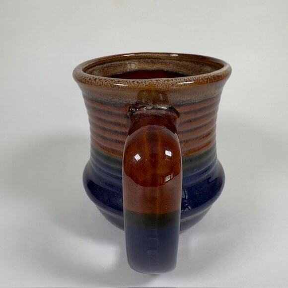 Classic Handmade Stoneware Drip Glaze Mug Brown Blue 1970s Ribbed Texture VTG - Picture 9 of 12